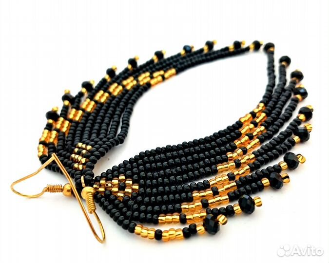 Длинные серьги из бисера Черные крылья с золотом