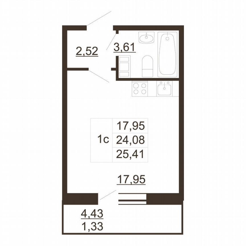 Квартира-студия, 25,4 м², 2/6 эт.