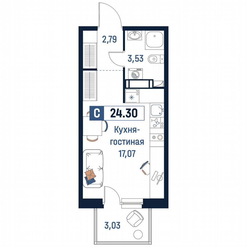 Квартира-студия, 24,3 м², 10/18 эт.