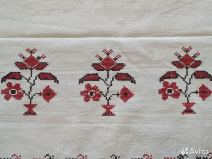 Рушник старинный льняной, вышивка, кружева, атлас