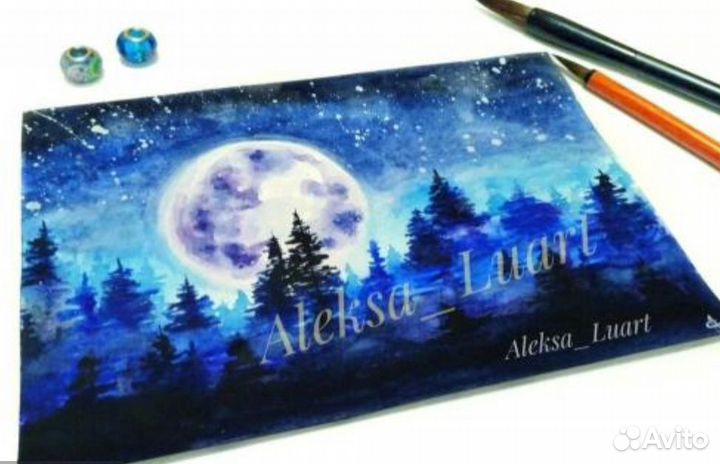 Картина акварель ночной лес луна