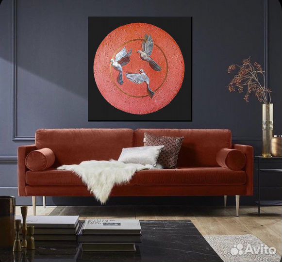 Картина интерьерная, холст акрил птицы, солнце