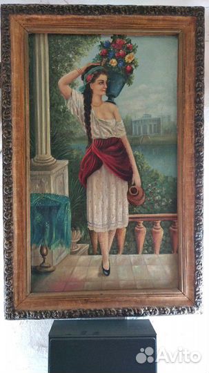 Картина девушка на террасе с цветами