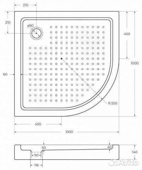 Поддон акриловый радиальный Cezares tray-A-R-100-5