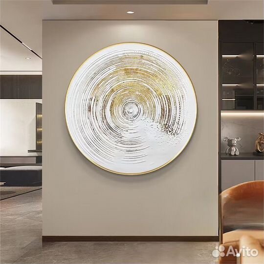 Картина в круглой раме Текстурная белая картина