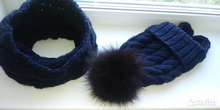 Вязаная шапка с помпоном, снуд, шарф. Меринос