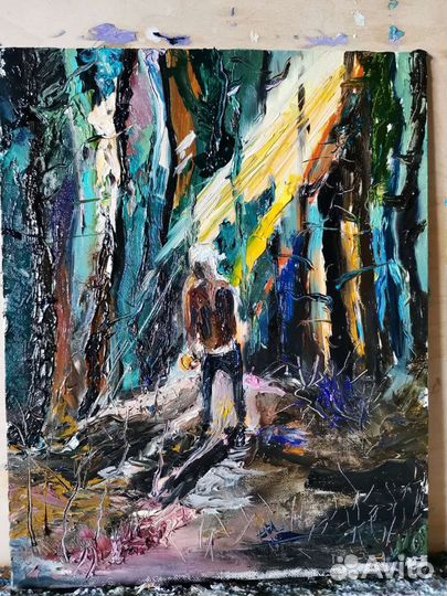 Картина маслом на холсте пейзаж грибник