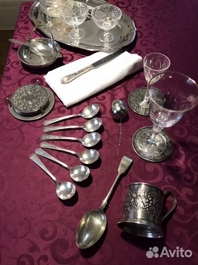 Посеребренные ложки, подставки, рюмки