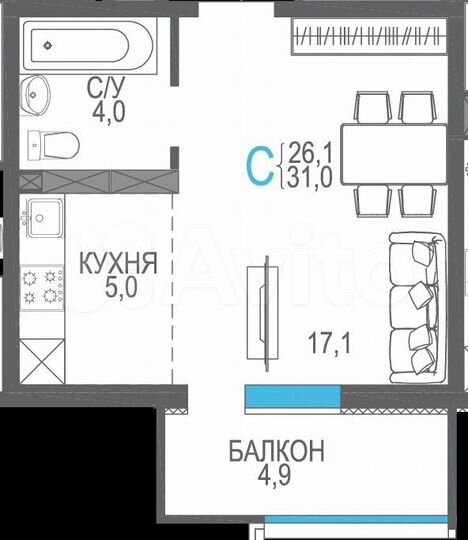 1-к. квартира, 31 м², 3/9 эт.