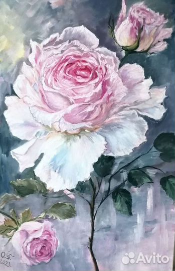 Картина маслом с цветами Розовые розы холст 60-40