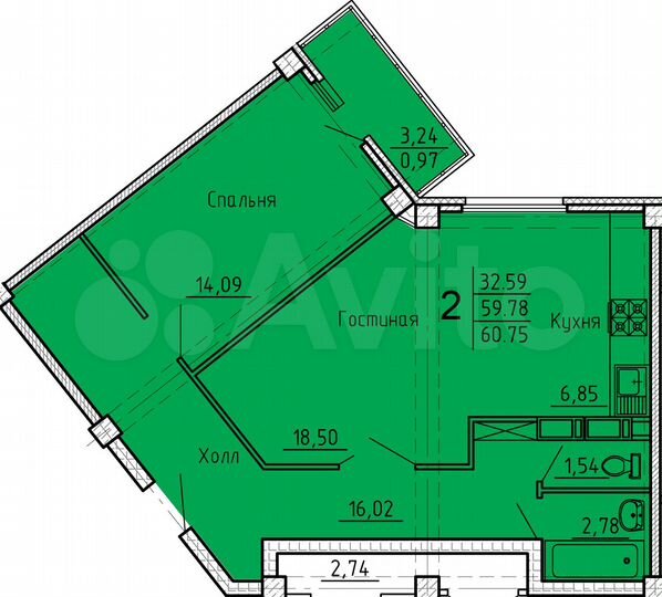 2-к. квартира, 60,8 м², 13/18 эт.