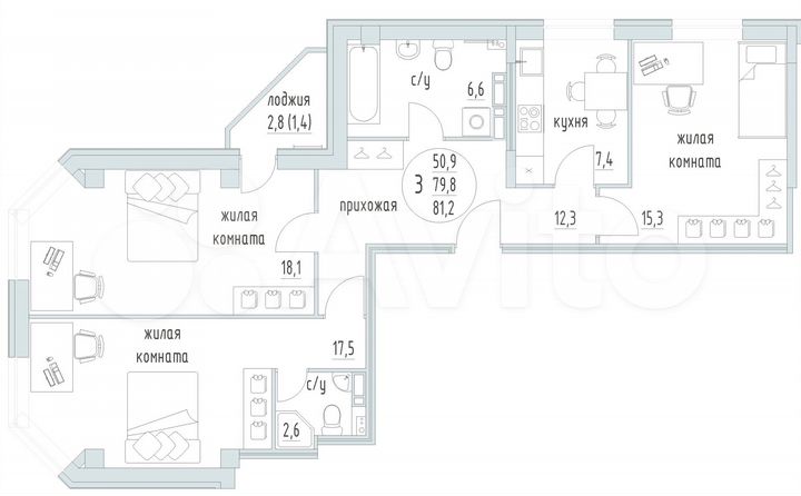 3-к. квартира, 81,2 м², 8/10 эт.