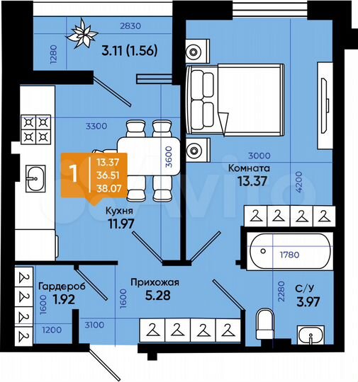 2-к. квартира, 38,1 м², 4/9 эт.