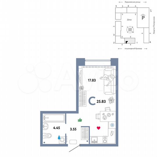 Квартира-студия, 25,8 м², 2/25 эт.
