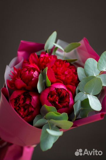 Букет из 5 бордовых пионов с эвкалиптом