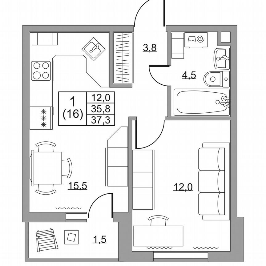 1-к. квартира, 37,3 м², 2/8 эт.