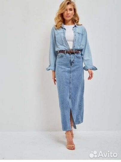 Юбка джинсовая модная с разрезом спереди 40-46