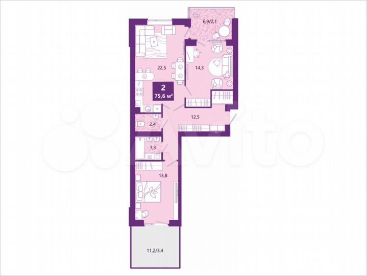 2-к. квартира, 75,6 м², 2/4 эт.