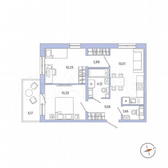 2-к. квартира, 48,8 м², 5/9 эт.