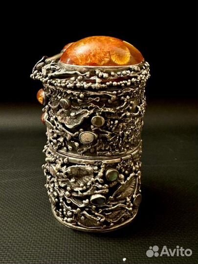 Шкатулка серебро, янтарь, перламутр