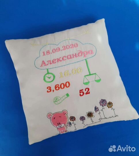 Подушка метрика с машинной вышивкой на заказ