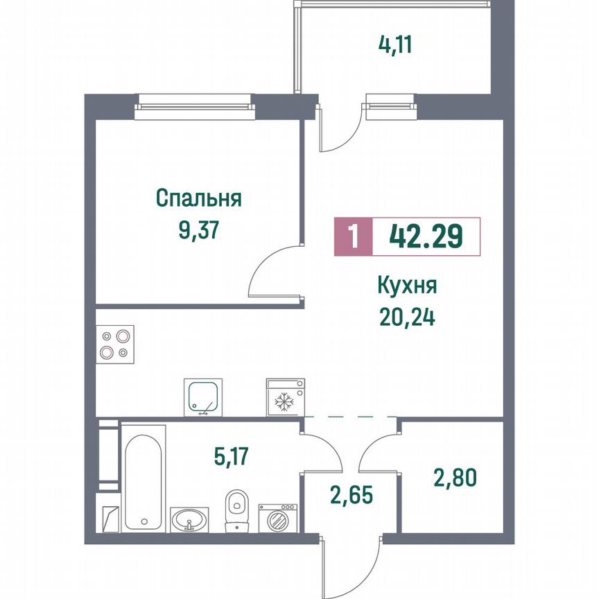 1-к. квартира, 42,3 м², 15/16 эт.