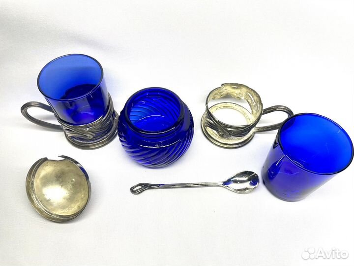 Сахарница и Стаканы из синего стекла