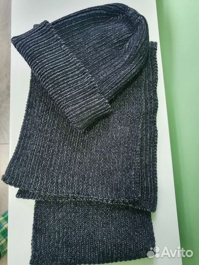 Мужская вязаная шапка и шарф вязаные, комплект