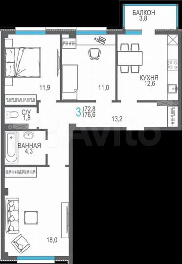 3-к. квартира, 76,6 м², 9/9 эт.