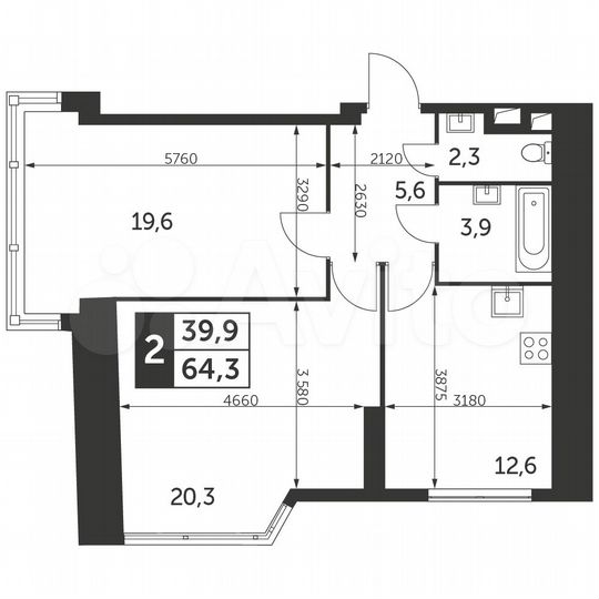 2-к. квартира, 64,3 м², 20/47 эт.