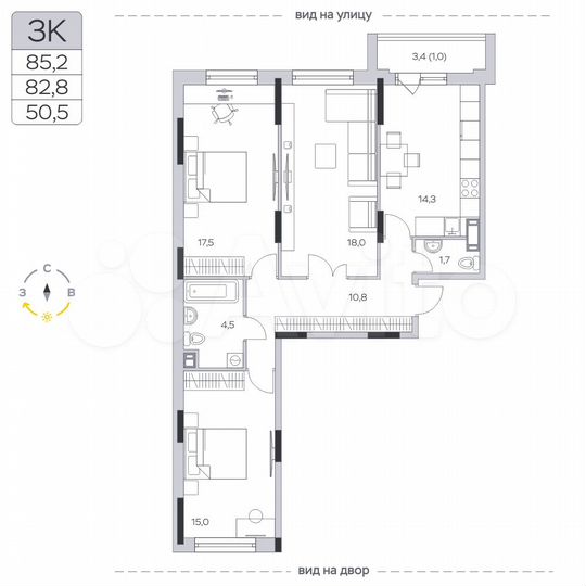 3-к. квартира, 82,8 м², 6/9 эт.