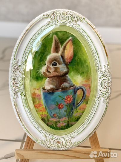 Картина маслом, кролик в кружке, 22х30