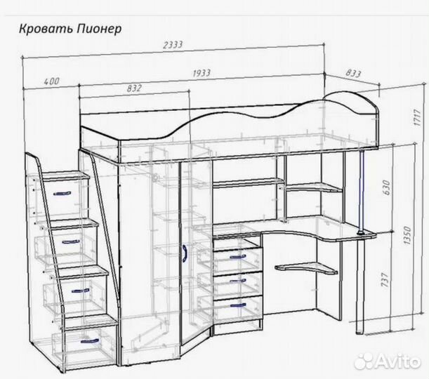 Детская кровать чердак со столом и шкафом