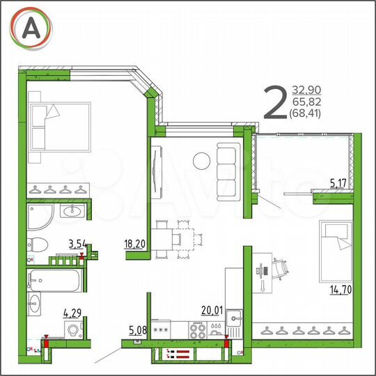2-к. квартира, 68,4 м², 10/17 эт.