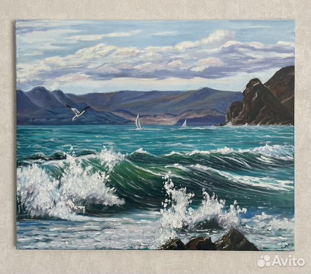 Картина маслом море пейзаж птица чайки парусник