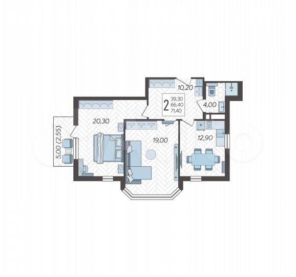 2-к. апартаменты, 71,4 м², 5/9 эт.