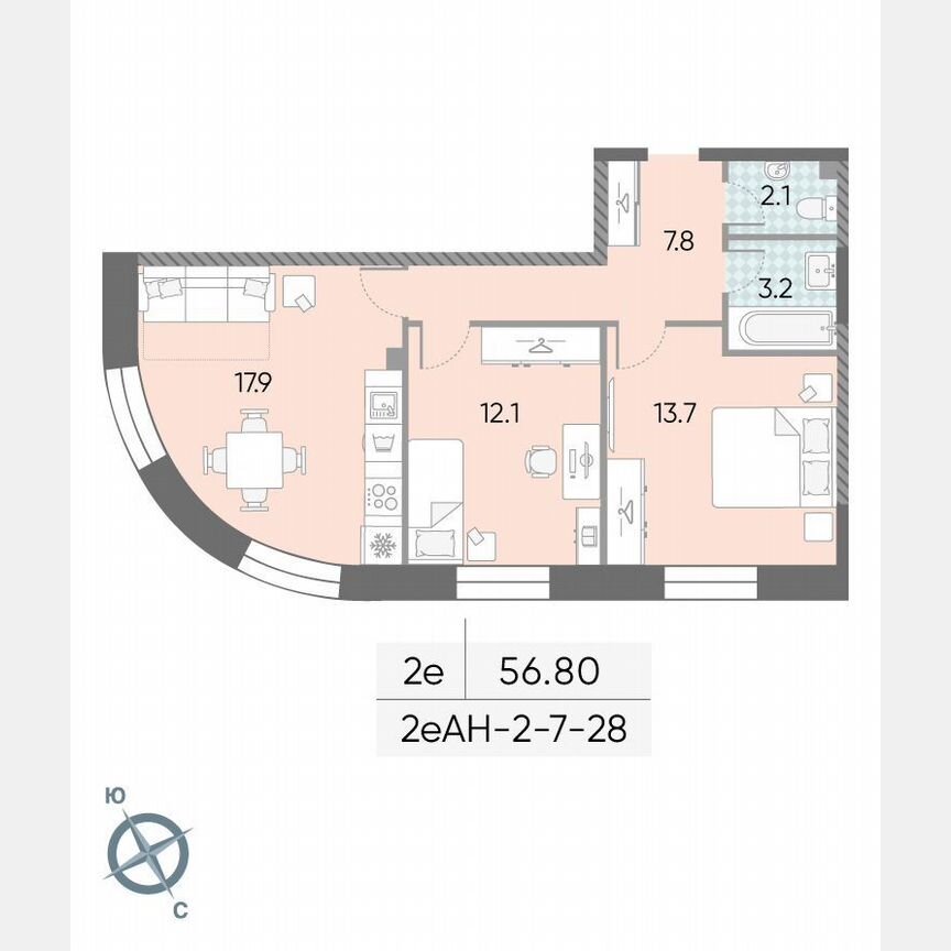 2-к. квартира, 56,8 м², 24/28 эт.