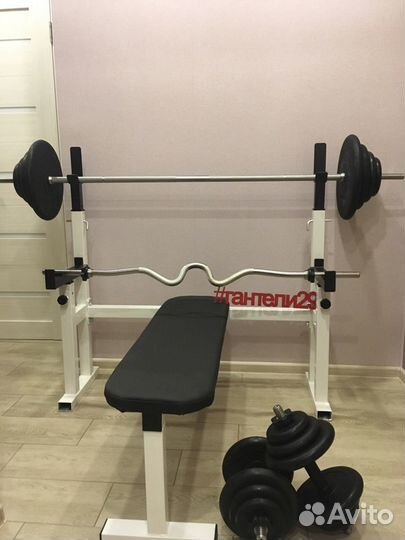 Скамья жимовая со штангой и гантелями