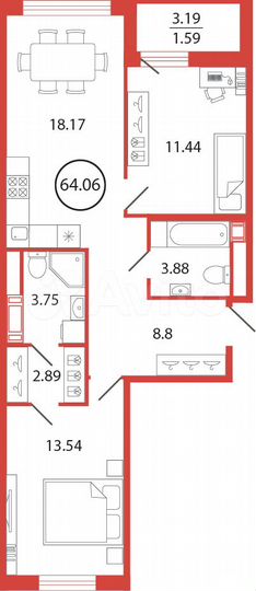 2-к. квартира, 64,1 м², 4/12 эт.