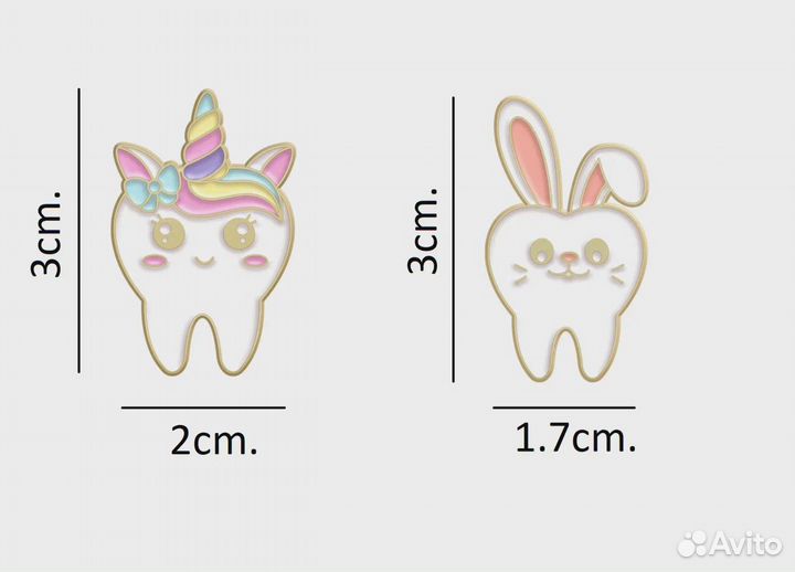 Значки зуб единорог и зайчик металлические 2шт