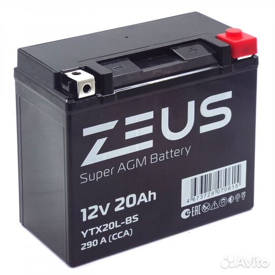 Аккумулятор zeus super AGM 20 Ач о.п YTX20L-BS