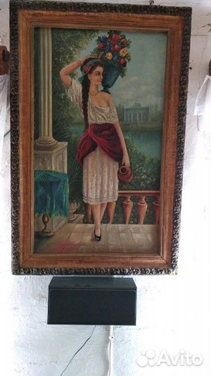 Картина девушка на террасе с цветами