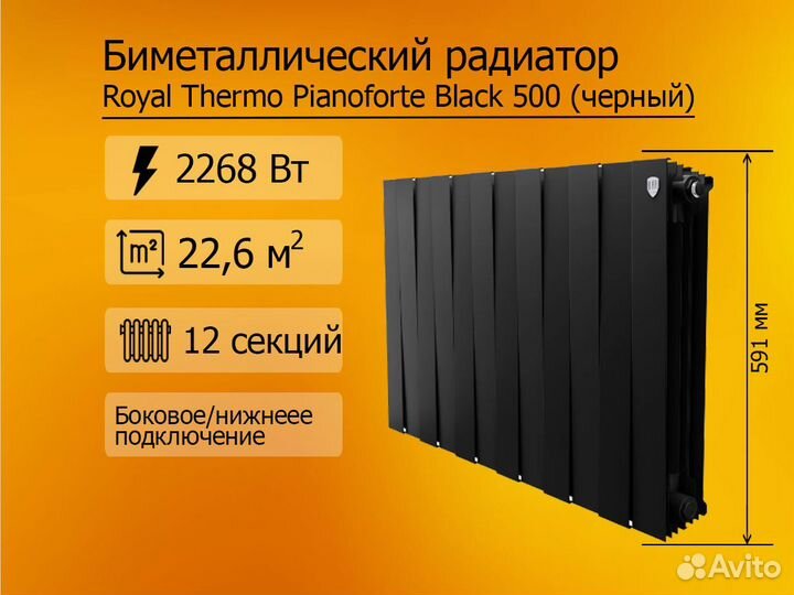 Радиатор Royal Тhermo Pianoforte Black, 12 секций