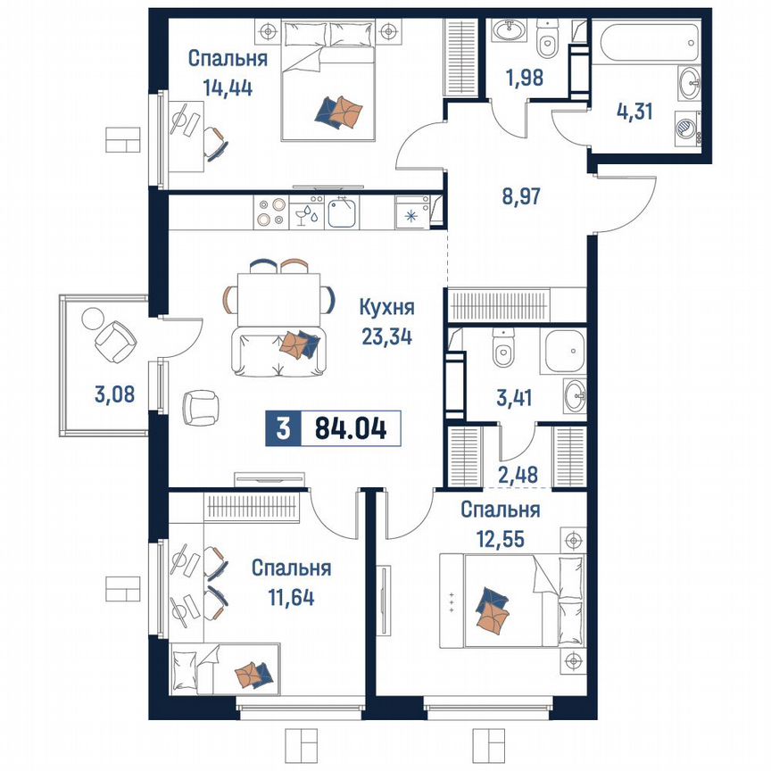 3-к. квартира, 84 м², 9/18 эт.
