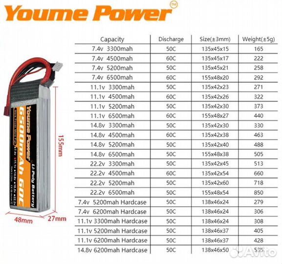 Аккумулятор 6S 6500mah 60c XT60 LiPo 6S FPV