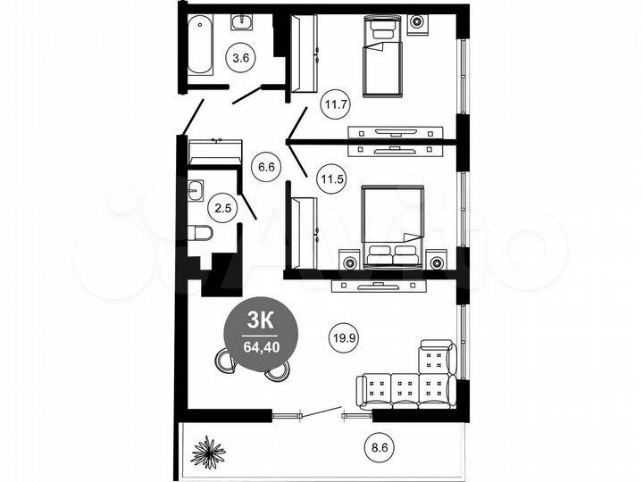 3-к. апартаменты, 60,3 м², 2/10 эт.