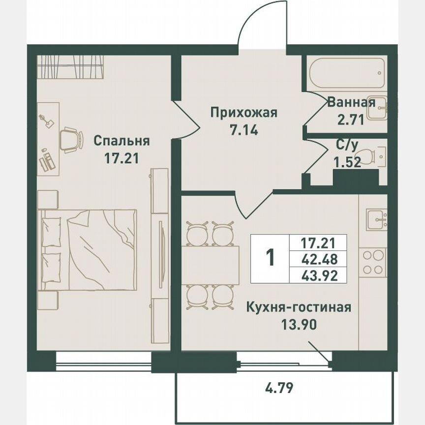 1-к. квартира, 45,5 м², 13/16 эт.