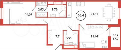 2-к. квартира, 66,4 м², 3/12 эт.