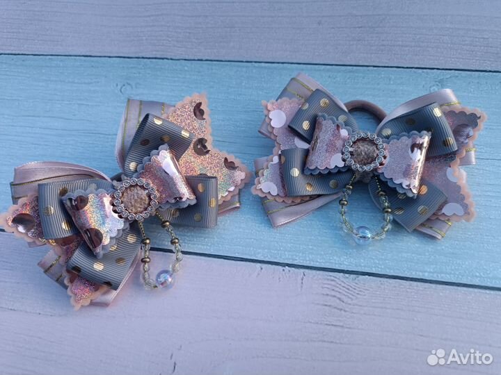 Бантики из экокожи в горох золотой серый бежевый