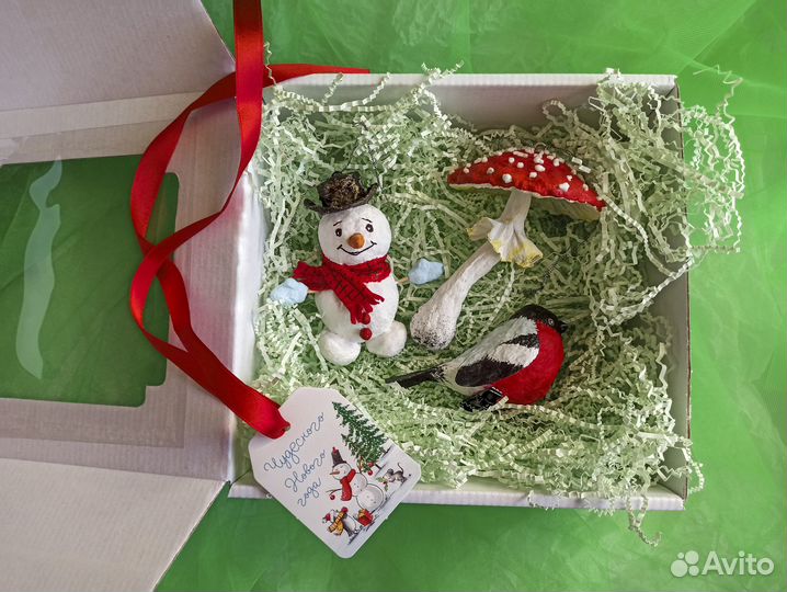 Игрушки на ёлку набор Мухомор Снеговик Снегирь